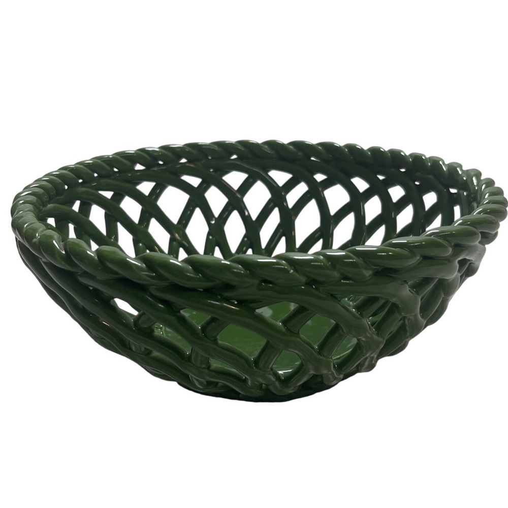 Place & Time Green Ceramic Lattice Woven Rope Fruit Bowl Decorative Centerpiece